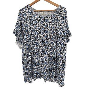 Max Studio Womens Ruffled Sleeve Floral Print Top size 3X plus Blue knit new $68